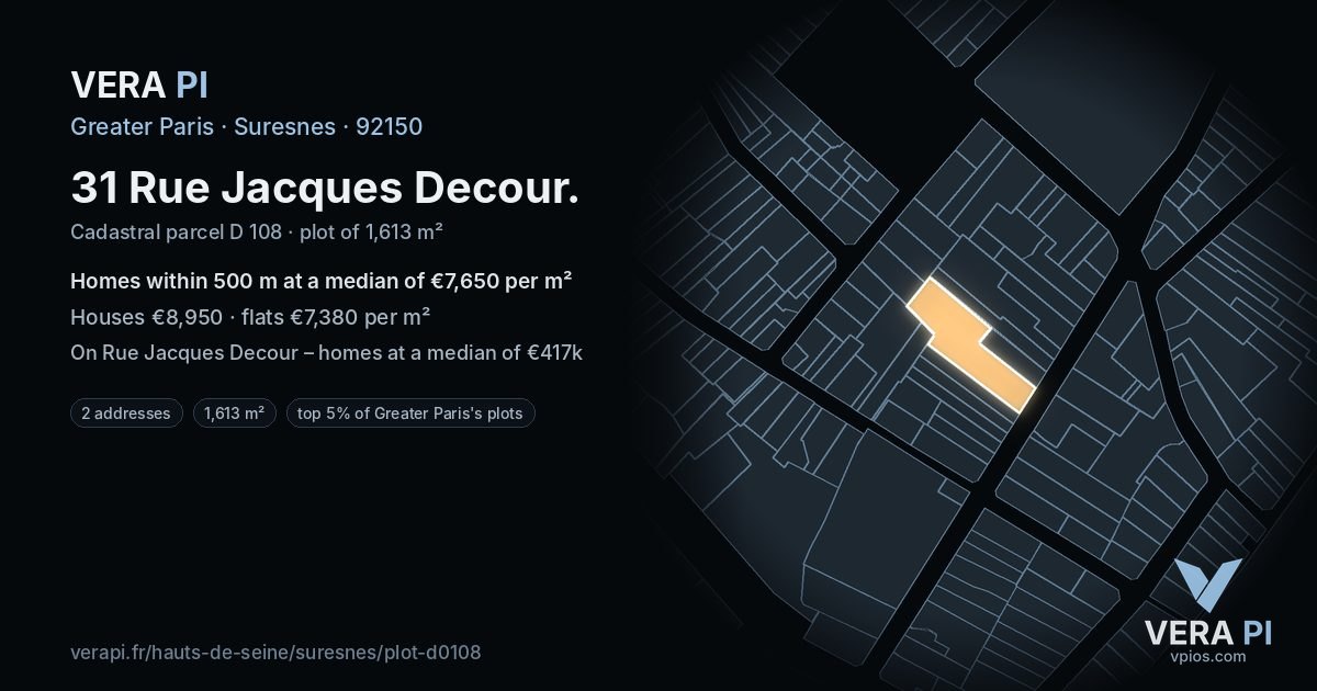 31 Rue Jacques Decour, Suresnes at night – the plot lit, the parcels around coloured by the prices near them