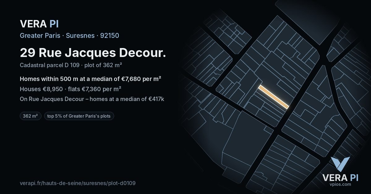 29 Rue Jacques Decour, Suresnes at night – the plot lit, the parcels around coloured by the prices near them