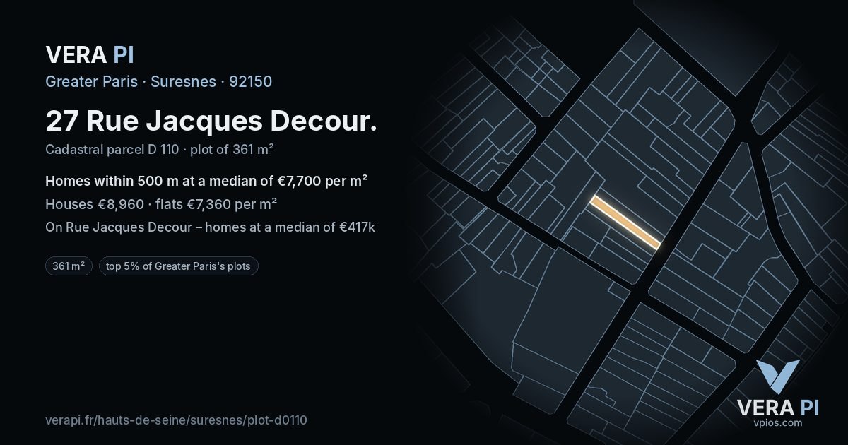 27 Rue Jacques Decour, Suresnes at night – the plot lit, the parcels around coloured by the prices near them