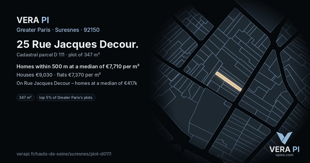 25 Rue Jacques Decour, Suresnes at night – the plot lit, the parcels around coloured by the prices near them