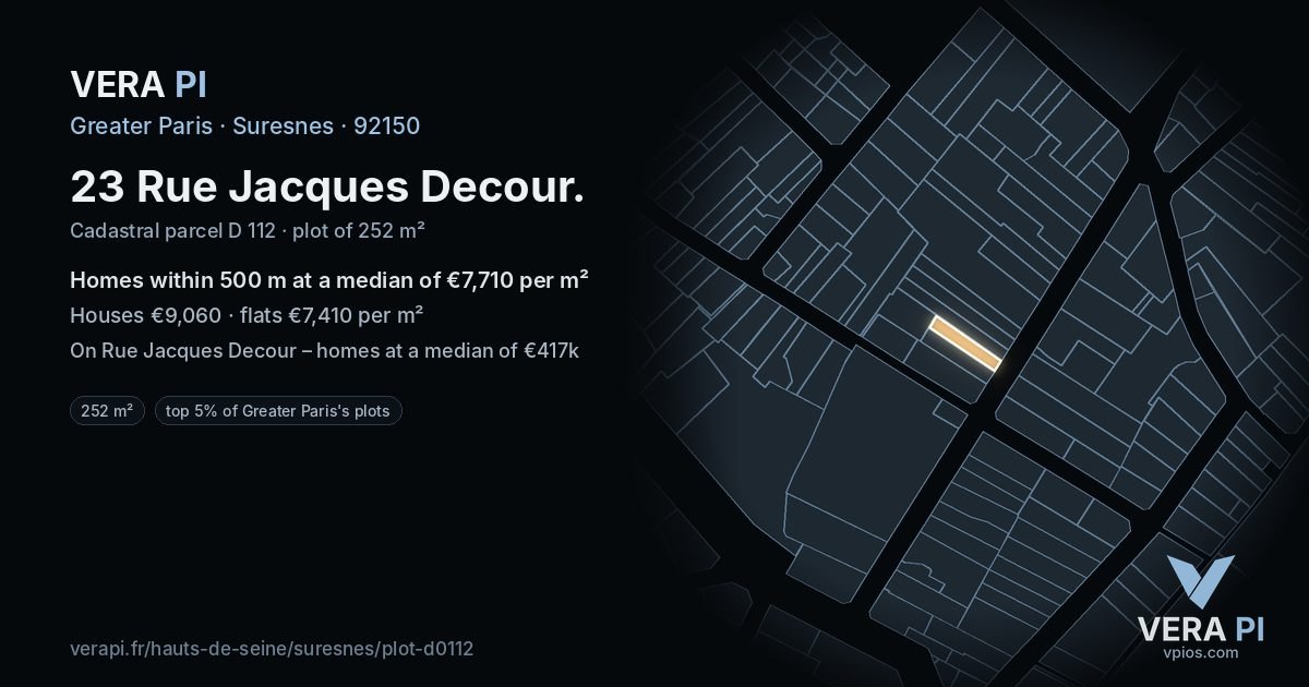 23 Rue Jacques Decour, Suresnes at night – the plot lit, the parcels around coloured by the prices near them