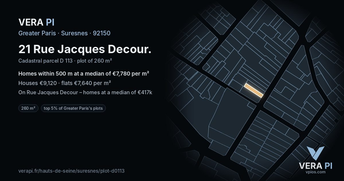 21 Rue Jacques Decour, Suresnes at night – the plot lit, the parcels around coloured by the prices near them