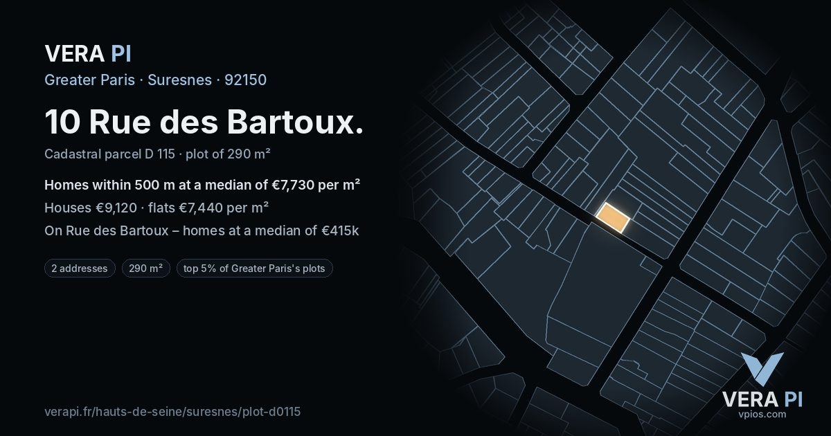 10 Rue des Bartoux, Suresnes at night – the plot lit, the parcels around coloured by the prices near them