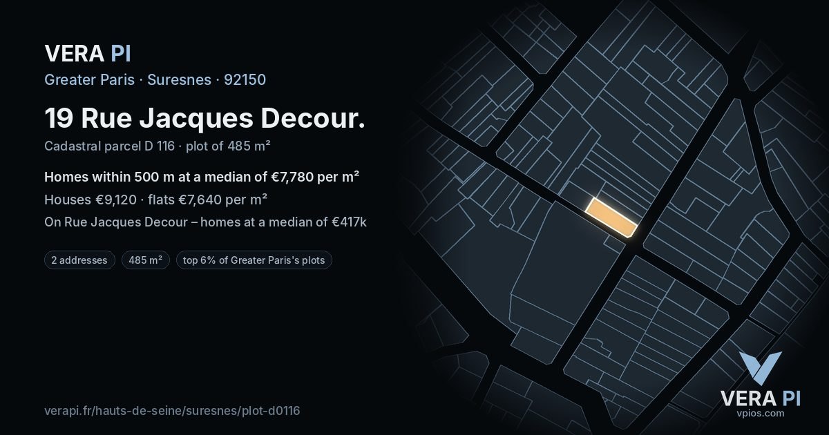 19 Rue Jacques Decour, Suresnes at night – the plot lit, the parcels around coloured by the prices near them