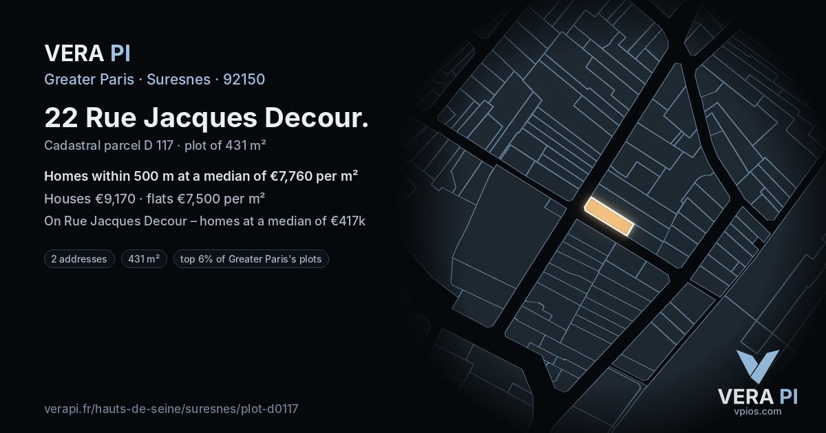 22 Rue Jacques Decour, Suresnes at night – the plot lit, the parcels around coloured by the prices near them
