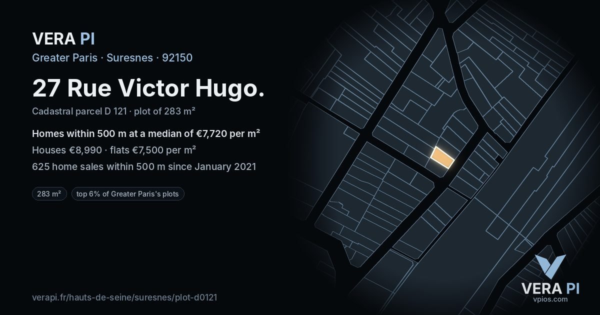 27 Rue Victor Hugo, Suresnes at night – the plot lit, the parcels around coloured by the prices near them