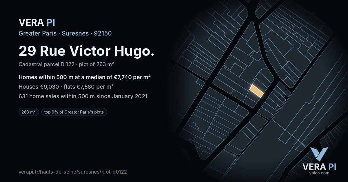 29 Rue Victor Hugo, Suresnes at night – the plot lit, the parcels around coloured by the prices near them