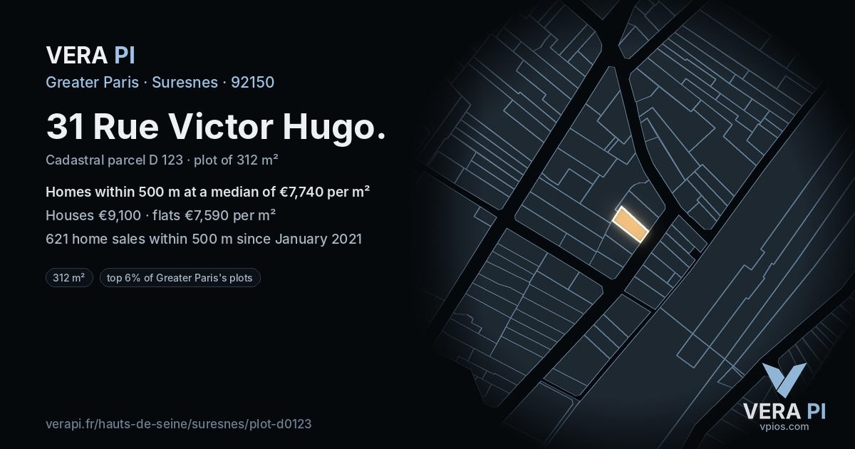 31 Rue Victor Hugo, Suresnes at night – the plot lit, the parcels around coloured by the prices near them