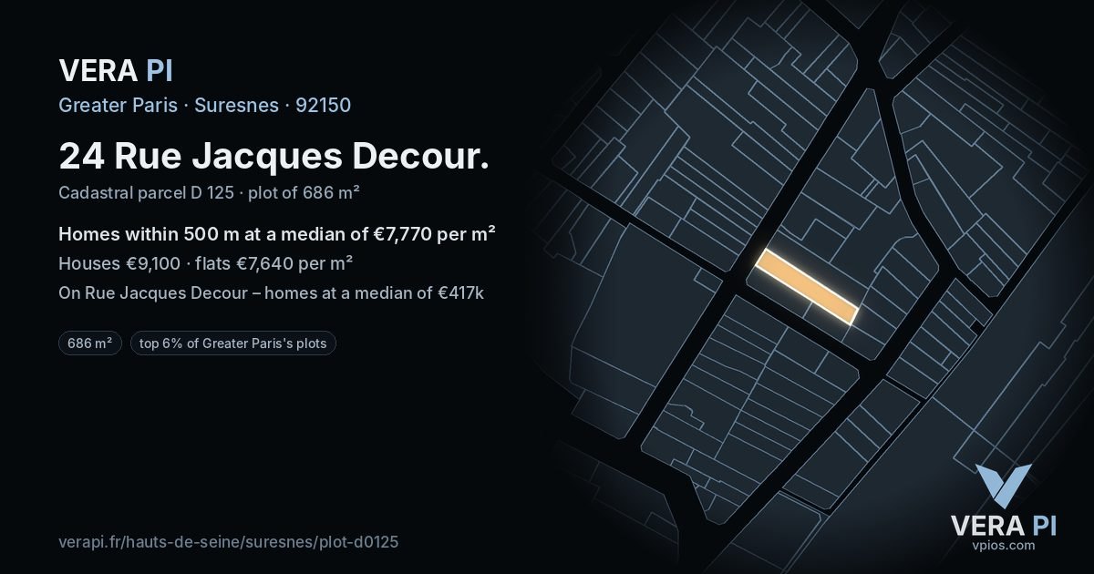 24 Rue Jacques Decour, Suresnes at night – the plot lit, the parcels around coloured by the prices near them