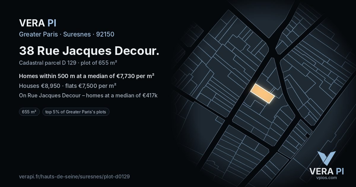 38 Rue Jacques Decour, Suresnes at night – the plot lit, the parcels around coloured by the prices near them