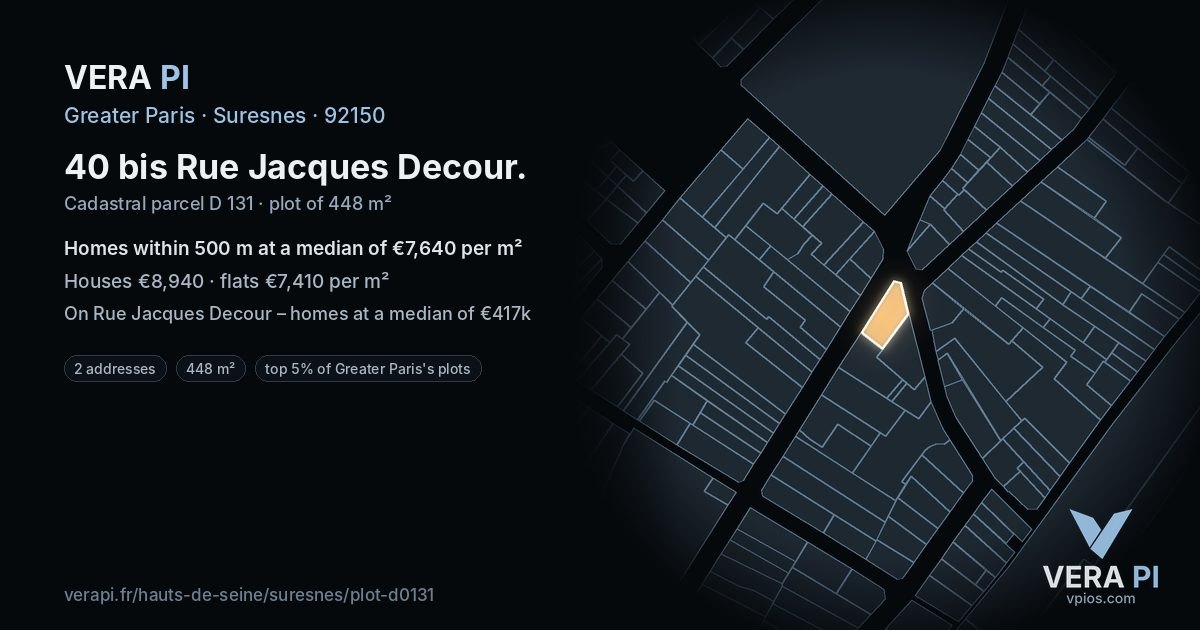 40 bis Rue Jacques Decour, Suresnes at night – the plot lit, the parcels around coloured by the prices near them