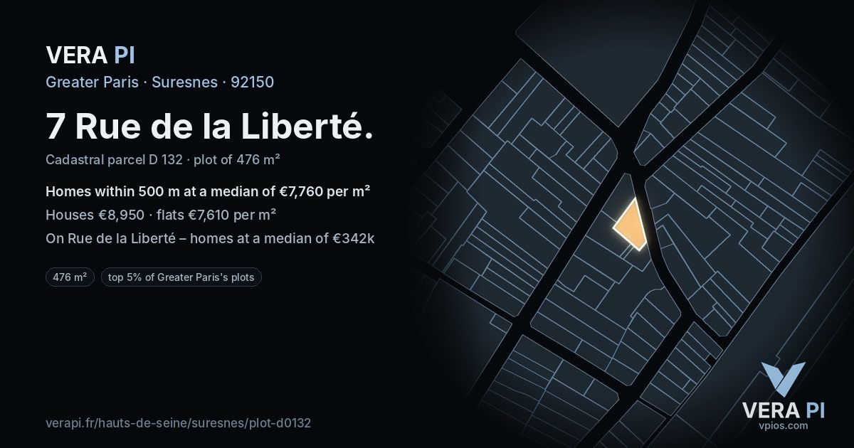 7 Rue de la Liberté, Suresnes at night – the plot lit, the parcels around coloured by the prices near them