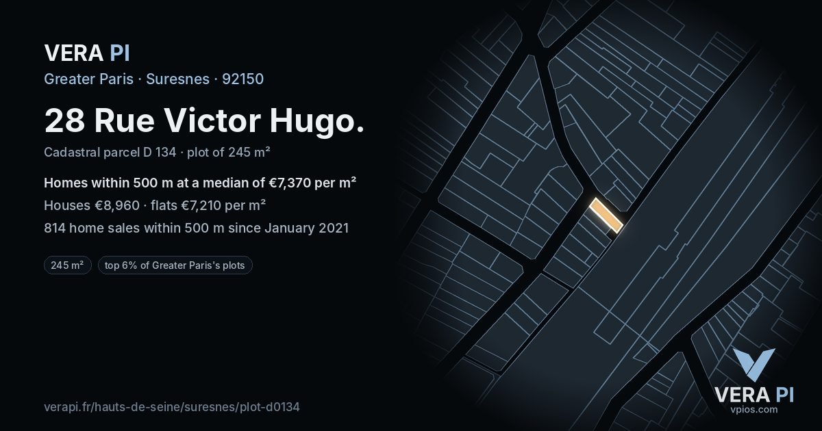 28 Rue Victor Hugo, Suresnes at night – the plot lit, the parcels around coloured by the prices near them