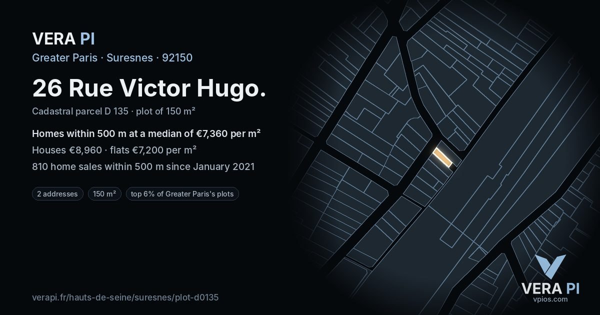 26 Rue Victor Hugo, Suresnes at night – the plot lit, the parcels around coloured by the prices near them