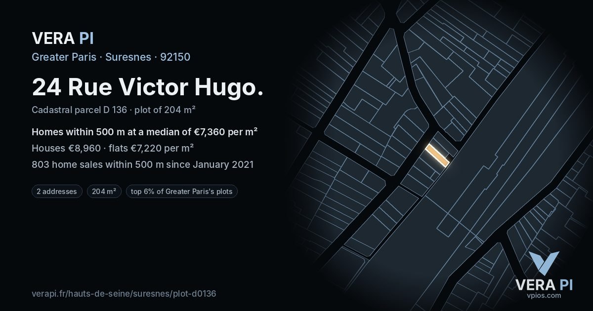 24 Rue Victor Hugo, Suresnes at night – the plot lit, the parcels around coloured by the prices near them