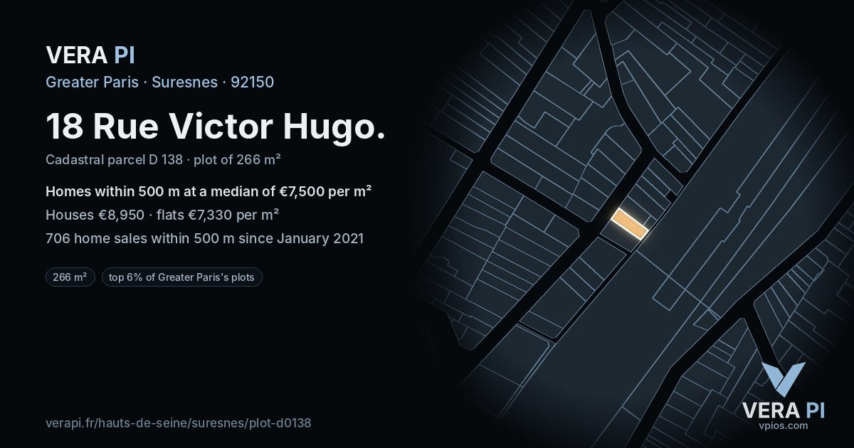 18 Rue Victor Hugo, Suresnes at night – the plot lit, the parcels around coloured by the prices near them