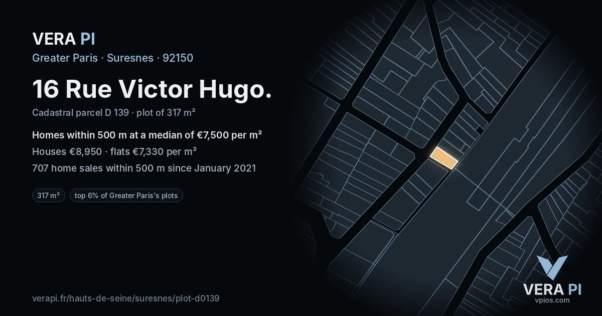 16 Rue Victor Hugo, Suresnes at night – the plot lit, the parcels around coloured by the prices near them