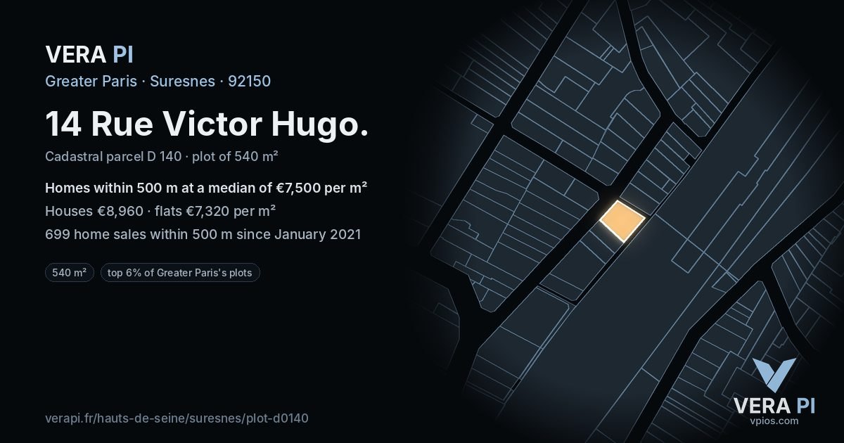 14 Rue Victor Hugo, Suresnes at night – the plot lit, the parcels around coloured by the prices near them