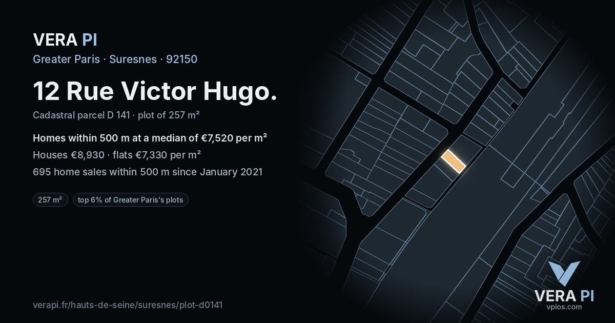 12 Rue Victor Hugo, Suresnes at night – the plot lit, the parcels around coloured by the prices near them