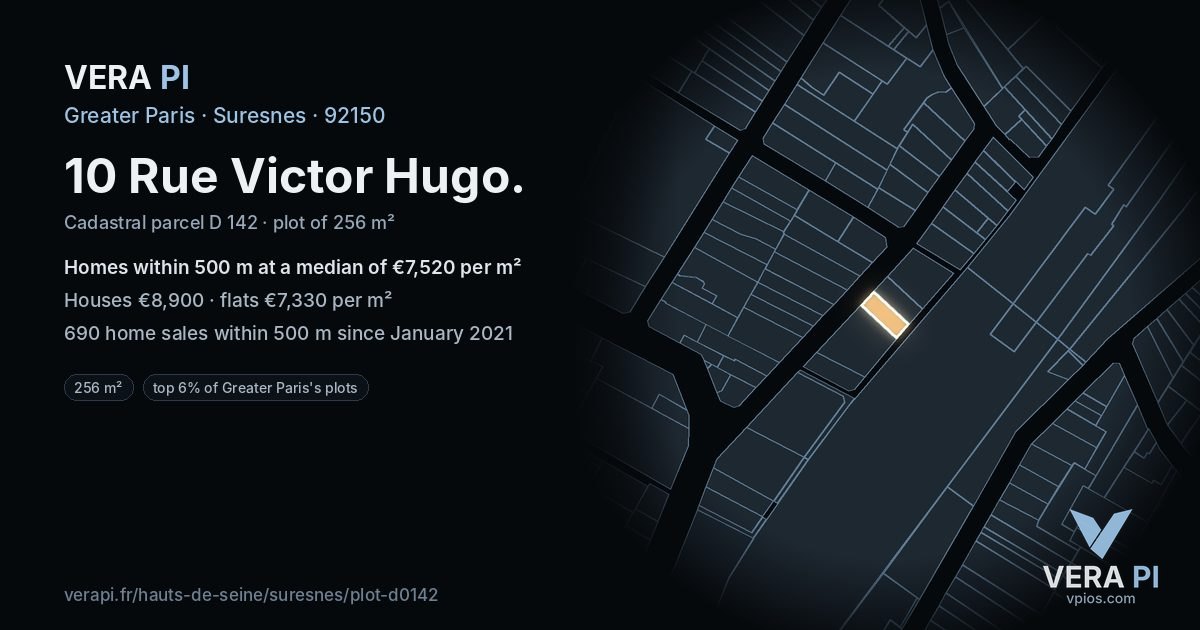10 Rue Victor Hugo, Suresnes at night – the plot lit, the parcels around coloured by the prices near them