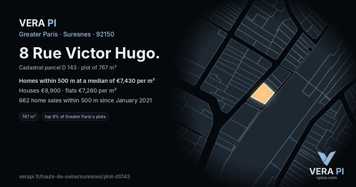 8 Rue Victor Hugo, Suresnes at night – the plot lit, the parcels around coloured by the prices near them