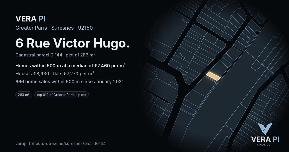6 Rue Victor Hugo, Suresnes at night – the plot lit, the parcels around coloured by the prices near them