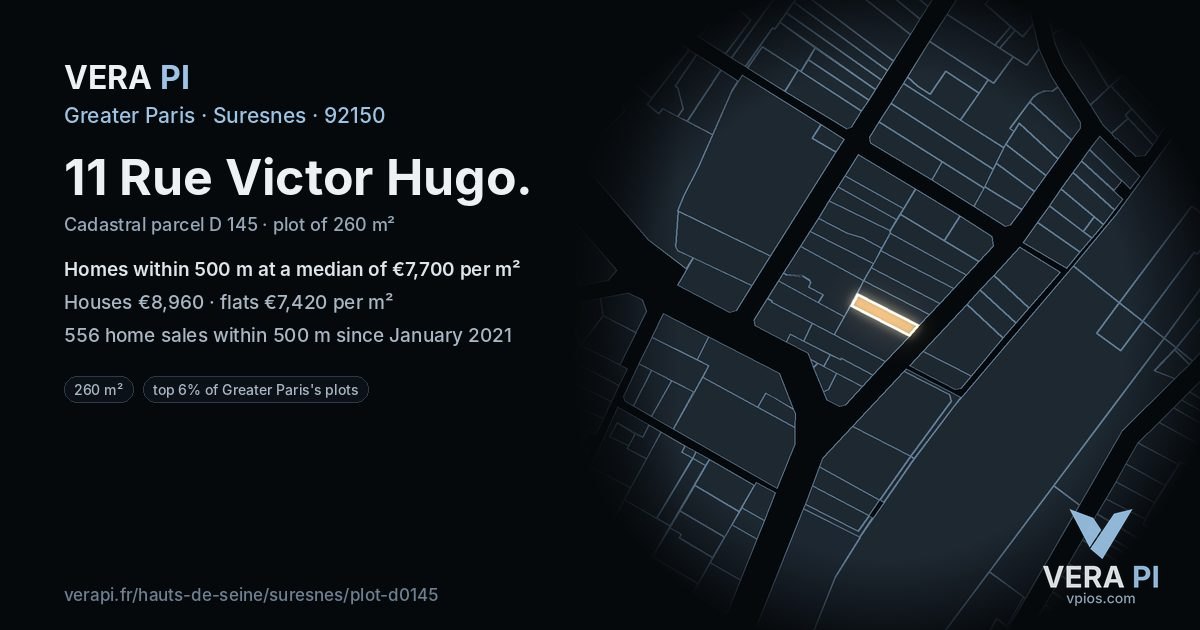 11 Rue Victor Hugo, Suresnes at night – the plot lit, the parcels around coloured by the prices near them