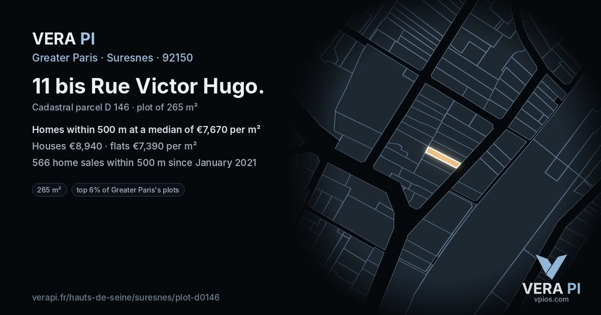11 bis Rue Victor Hugo, Suresnes at night – the plot lit, the parcels around coloured by the prices near them