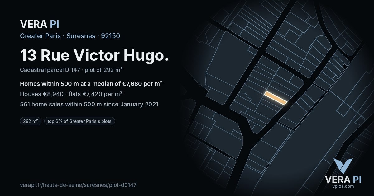 13 Rue Victor Hugo, Suresnes at night – the plot lit, the parcels around coloured by the prices near them