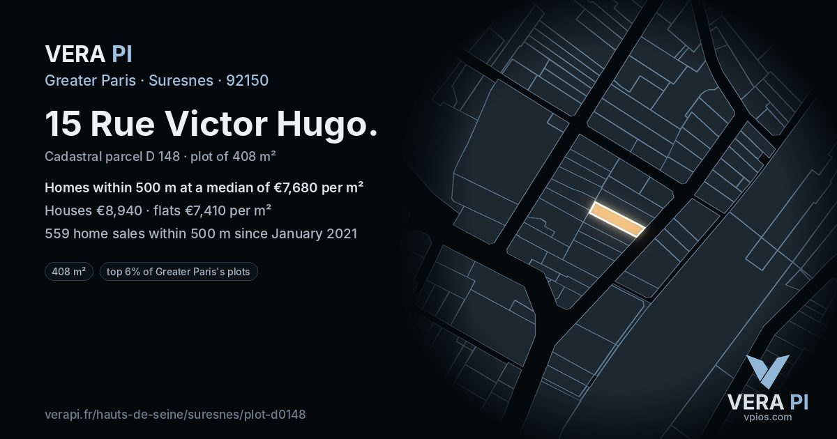 15 Rue Victor Hugo, Suresnes at night – the plot lit, the parcels around coloured by the prices near them