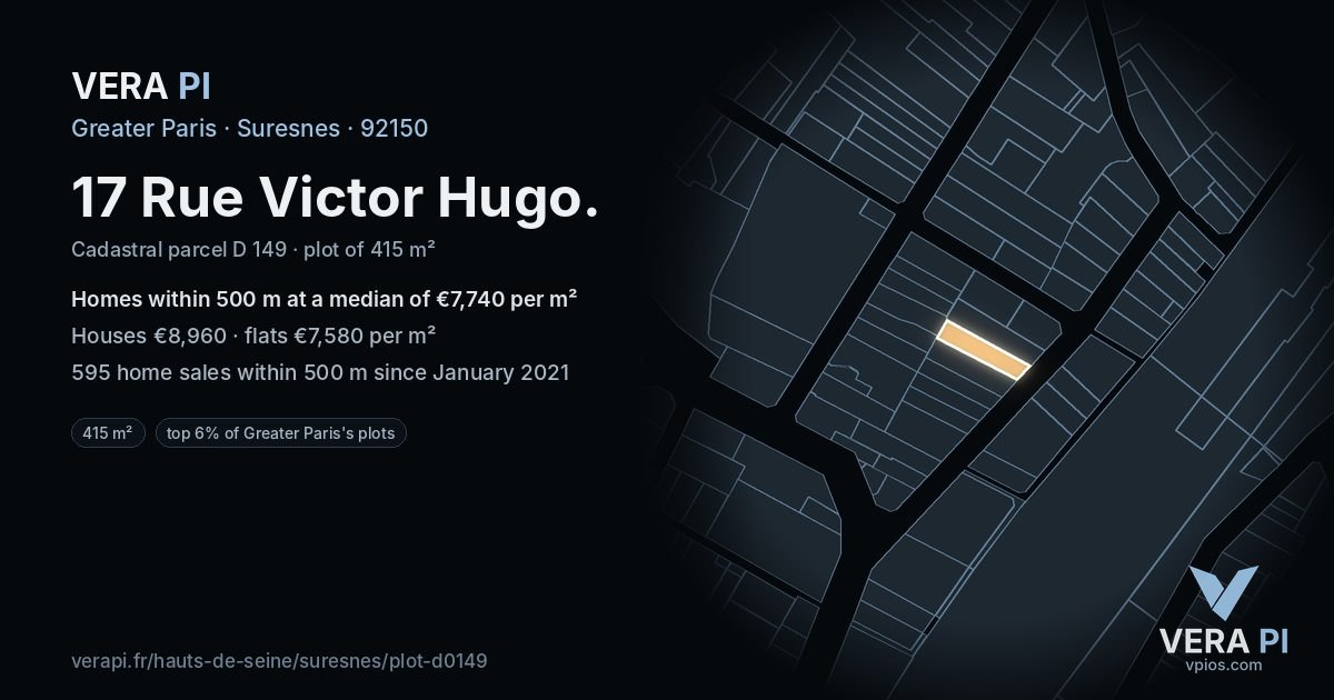 17 Rue Victor Hugo, Suresnes at night – the plot lit, the parcels around coloured by the prices near them