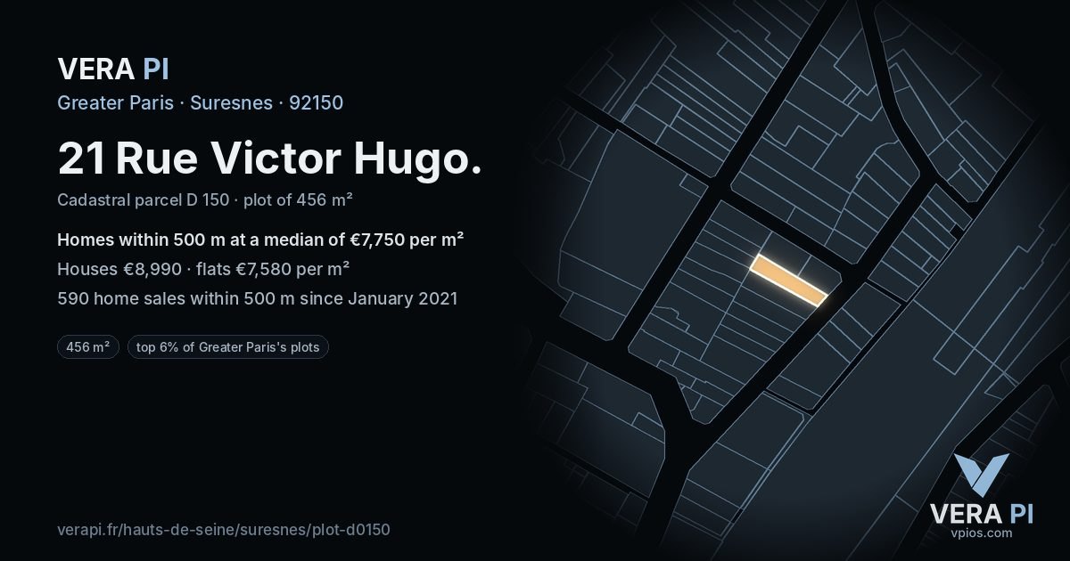 21 Rue Victor Hugo, Suresnes at night – the plot lit, the parcels around coloured by the prices near them