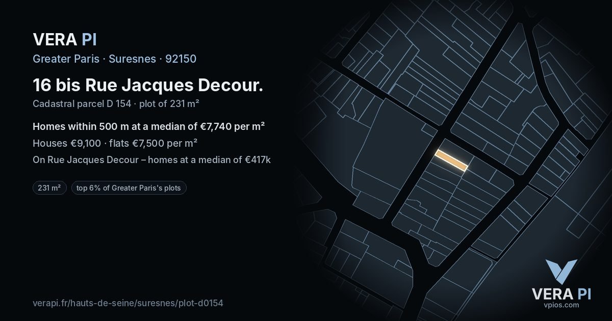 16 bis Rue Jacques Decour, Suresnes at night – the plot lit, the parcels around coloured by the prices near them