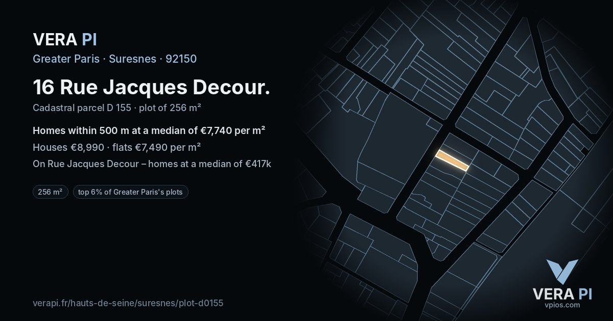 16 Rue Jacques Decour, Suresnes at night – the plot lit, the parcels around coloured by the prices near them