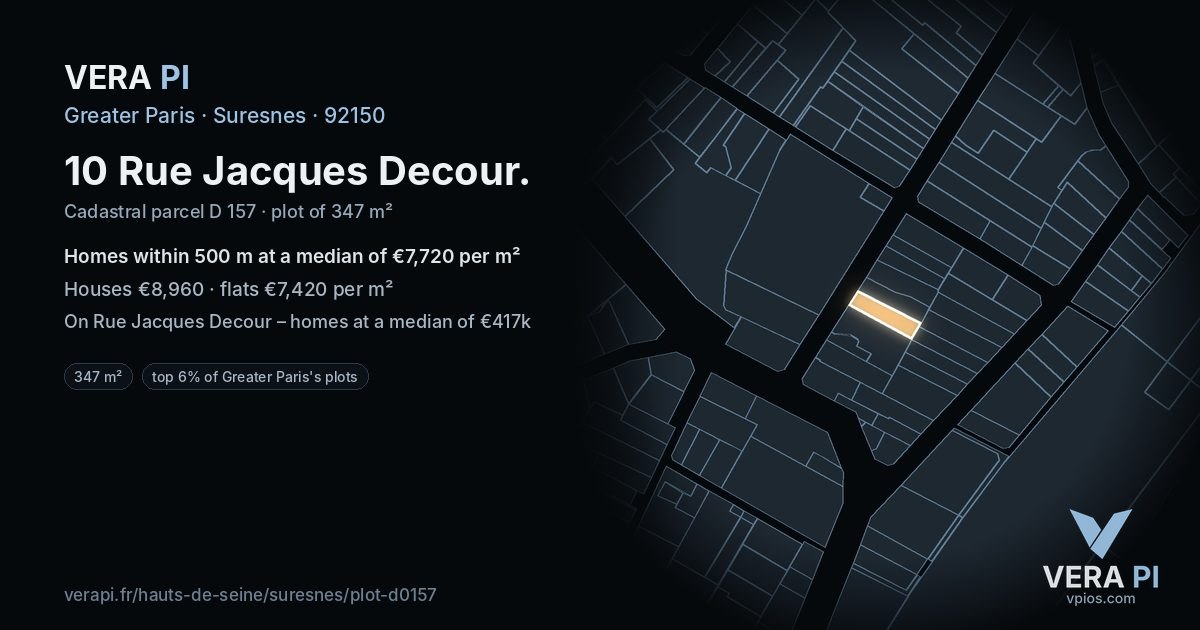 10 Rue Jacques Decour, Suresnes at night – the plot lit, the parcels around coloured by the prices near them