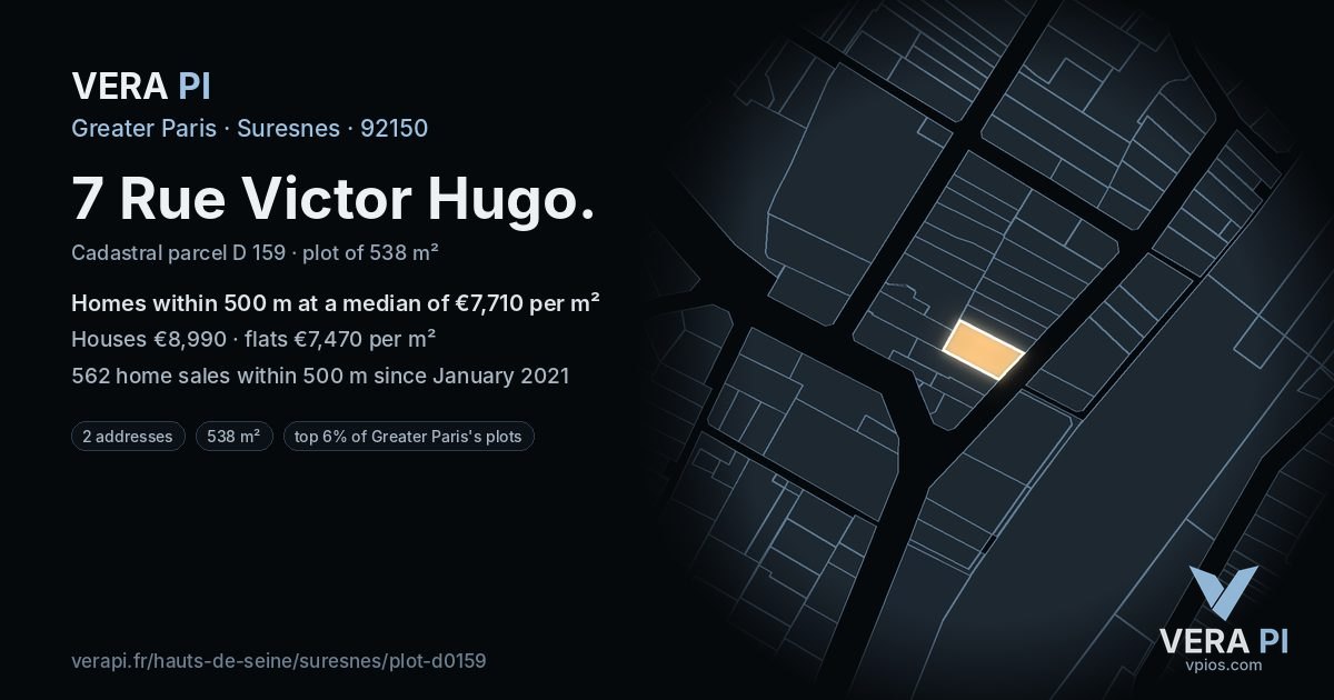 7 Rue Victor Hugo, Suresnes at night – the plot lit, the parcels around coloured by the prices near them