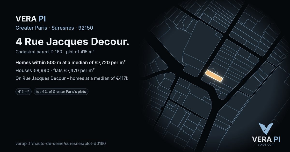 4 Rue Jacques Decour, Suresnes at night – the plot lit, the parcels around coloured by the prices near them