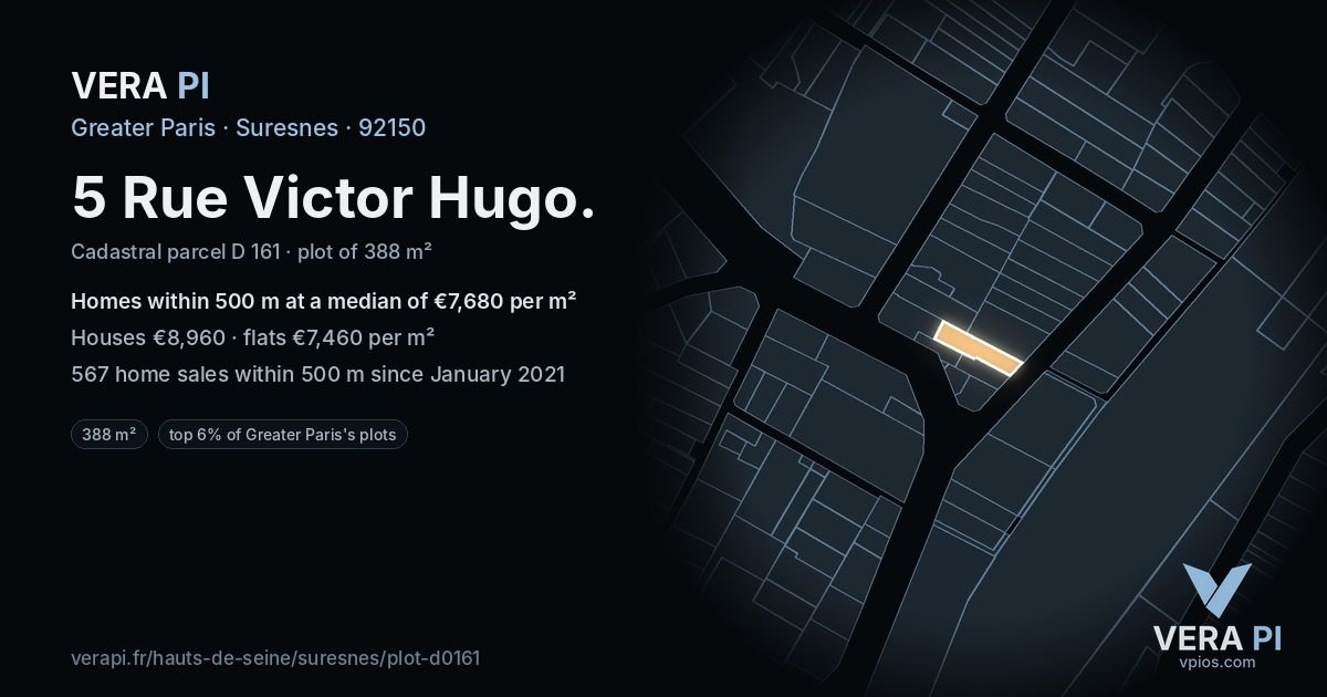 5 Rue Victor Hugo, Suresnes at night – the plot lit, the parcels around coloured by the prices near them