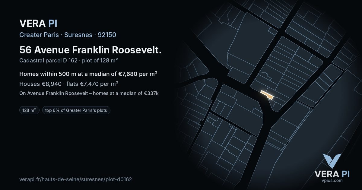 56 Avenue Franklin Roosevelt, Suresnes at night – the plot lit, the parcels around coloured by the prices near them