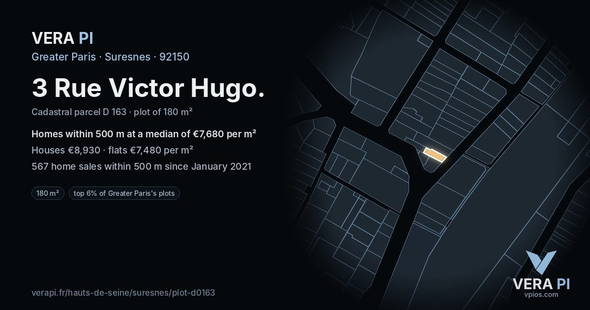 3 Rue Victor Hugo, Suresnes at night – the plot lit, the parcels around coloured by the prices near them