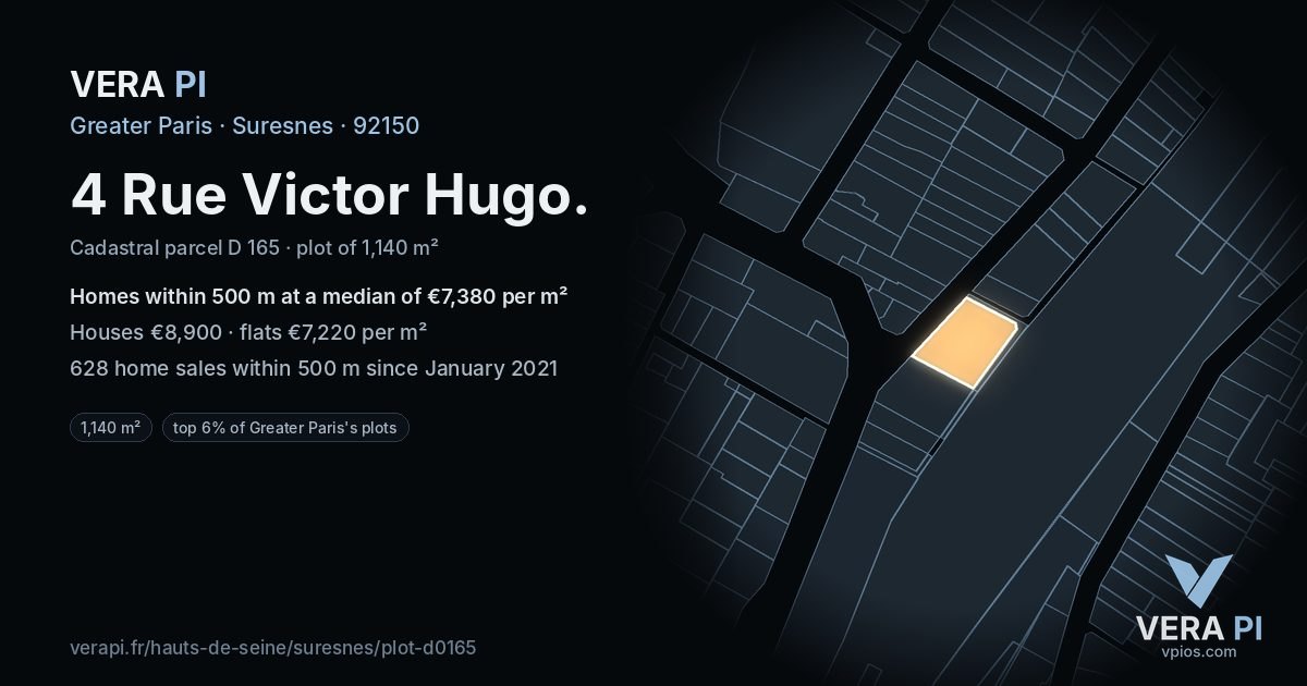 4 Rue Victor Hugo, Suresnes at night – the plot lit, the parcels around coloured by the prices near them