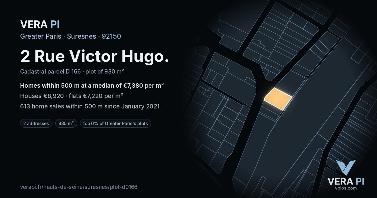 2 Rue Victor Hugo, Suresnes at night – the plot lit, the parcels around coloured by the prices near them