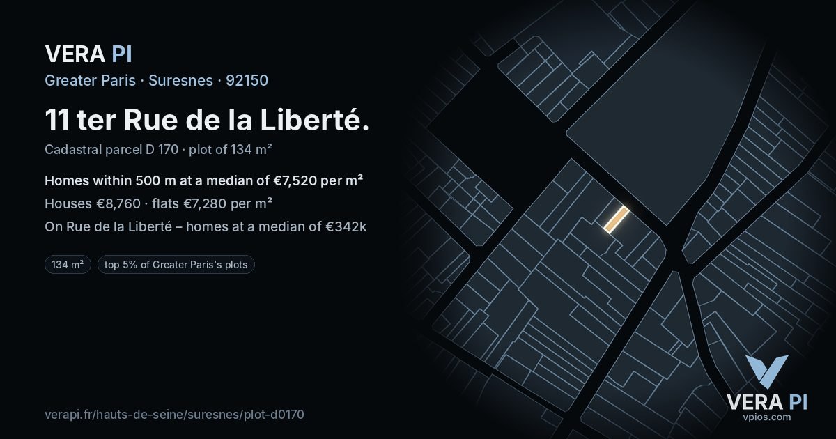 11 ter Rue de la Liberté, Suresnes at night – the plot lit, the parcels around coloured by the prices near them