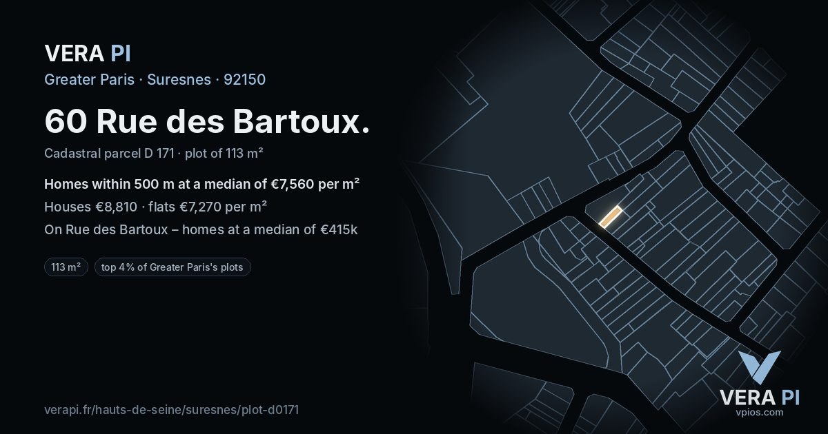 60 Rue des Bartoux, Suresnes at night – the plot lit, the parcels around coloured by the prices near them