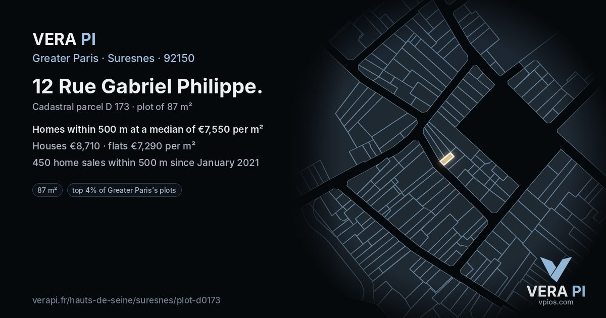 12 Rue Gabriel Philippe, Suresnes at night – the plot lit, the parcels around coloured by the prices near them