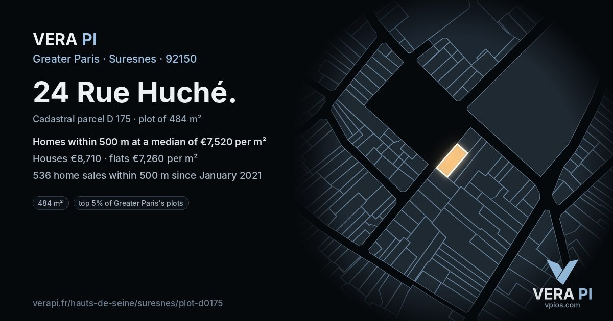 24 Rue Huché, Suresnes at night – the plot lit, the parcels around coloured by the prices near them