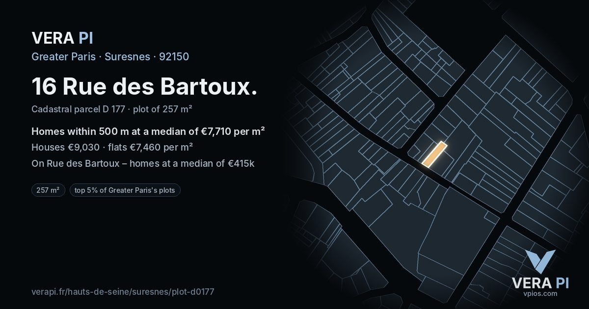 16 Rue des Bartoux, Suresnes at night – the plot lit, the parcels around coloured by the prices near them
