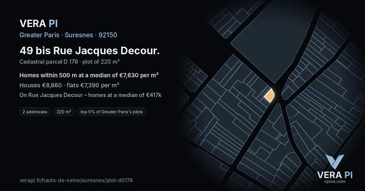 49 bis Rue Jacques Decour, Suresnes at night – the plot lit, the parcels around coloured by the prices near them