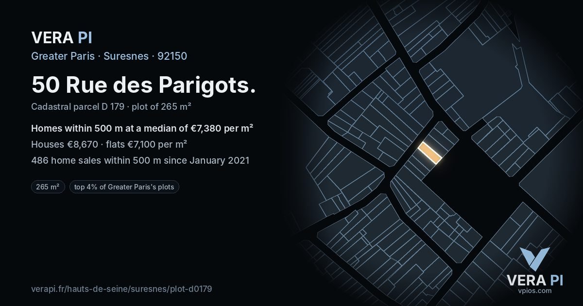 50 Rue des Parigots, Suresnes at night – the plot lit, the parcels around coloured by the prices near them