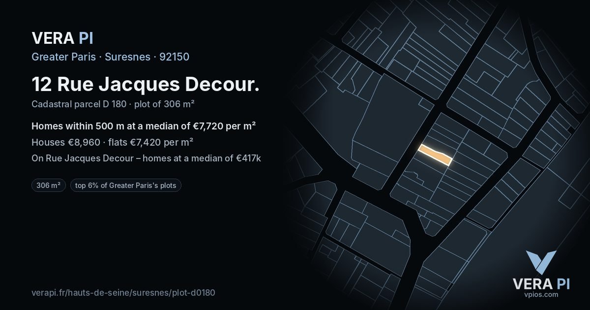 12 Rue Jacques Decour, Suresnes at night – the plot lit, the parcels around coloured by the prices near them